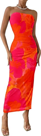 Women's Summer Maxi Bodycon Dresses Strapless Tube Top Slit Floral Printed Party Club Long Dress