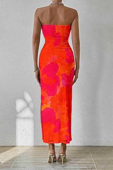 Women's Summer Maxi Bodycon Dresses Strapless Tube Top Slit Floral Printed Party Club Long Dress
